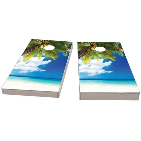 Skip's Garage Palm Tree Overlooking the Beach Solid Wood Cornhole Board Set