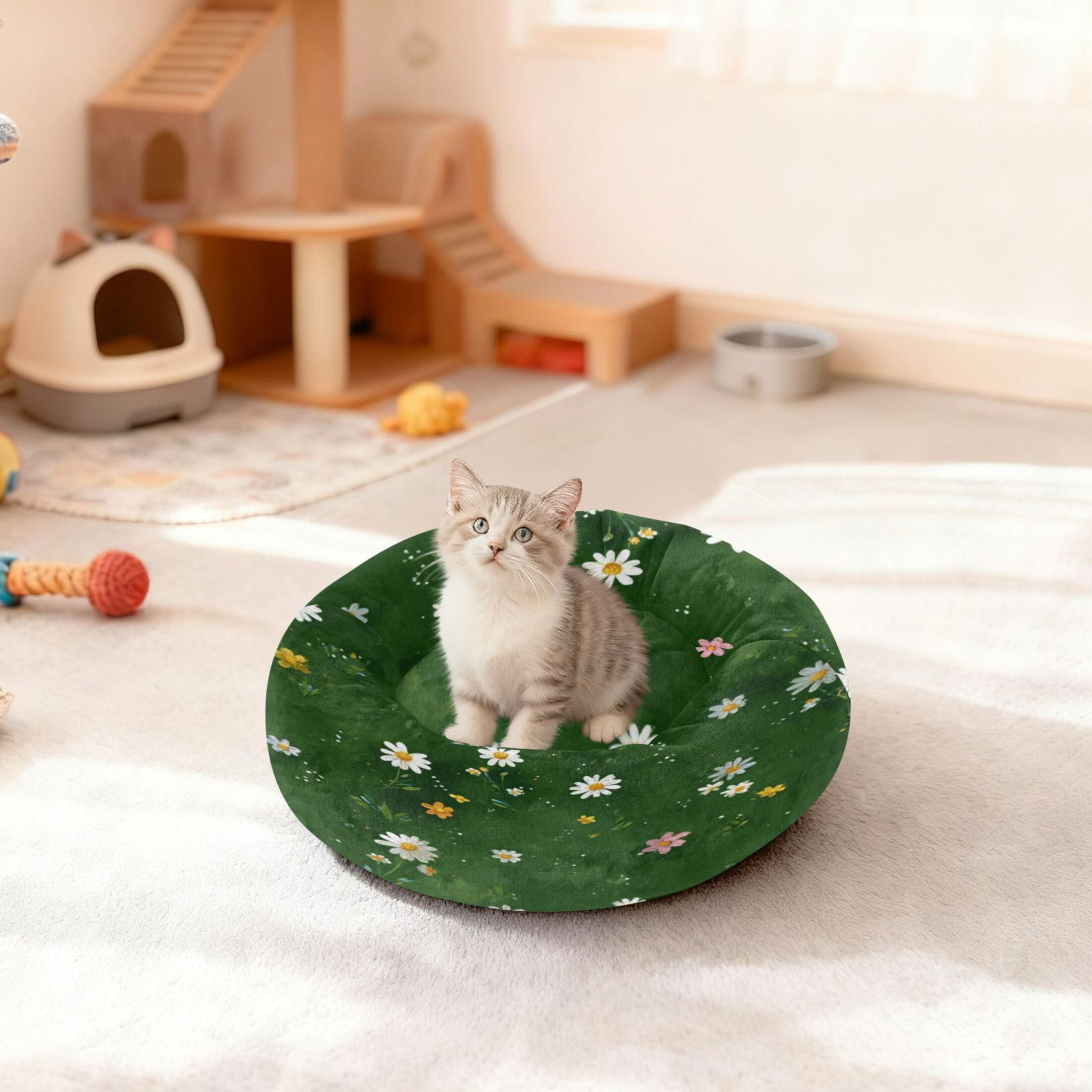 Iauyy Pet Couch Donut Cat Bed for Indoor Cats/Small Dogs Washable & Machine with Non-slip Bottom Calming Cat Furniture, All Kinds Of Daisies (M)