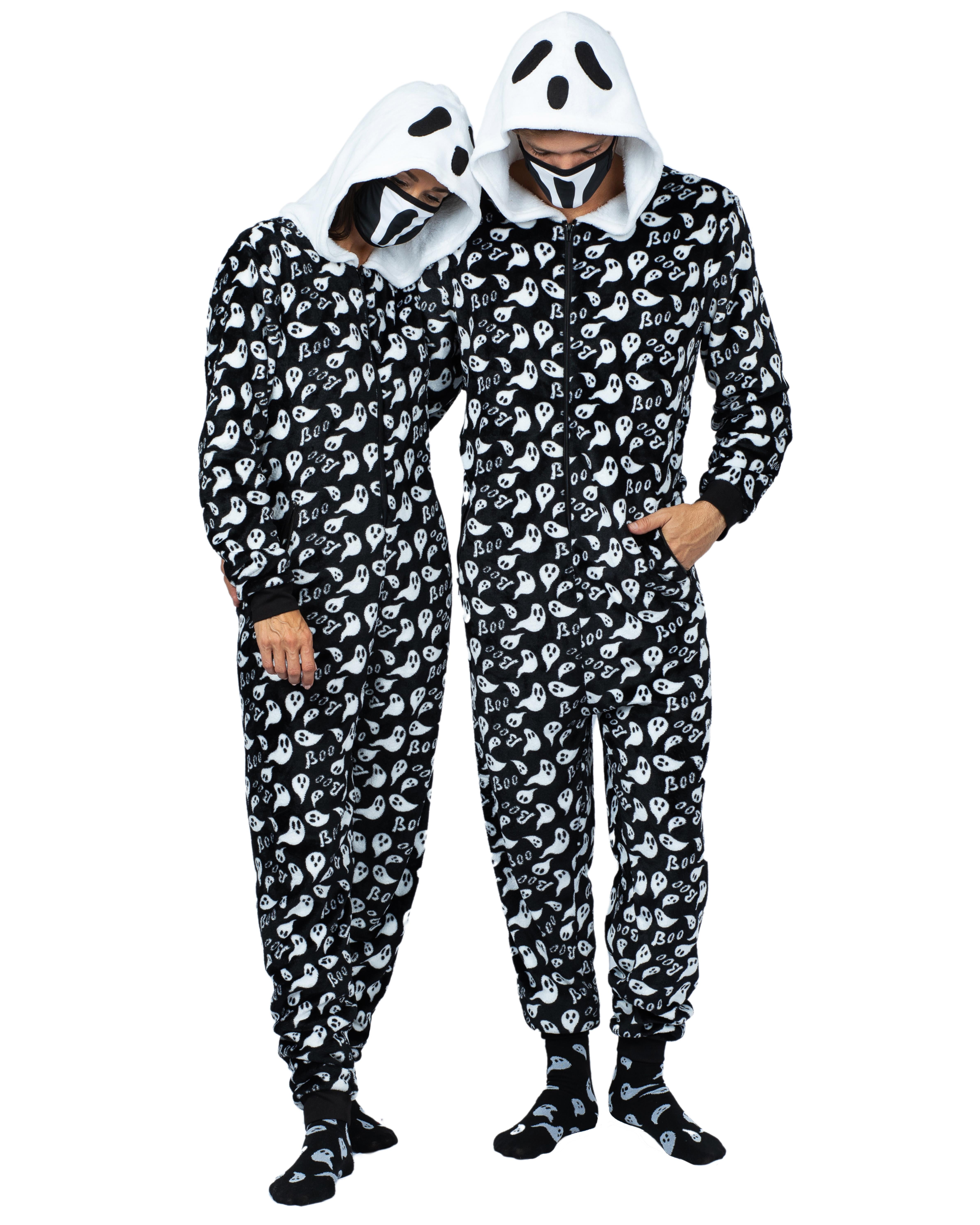 Holiday Matching Couples Costume Pajama Onesie With Socks and Mask, Ghost, Devil, and Skeleton, Black Ghost (Women), Size: L