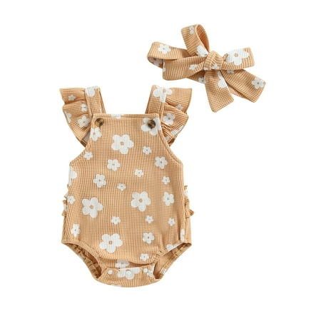 

Arvbitana Baby Girl Knitted Rompers Flying Sleeve Square Neck Floral Print Waffle Bodysuit + Headband Casual Princess Jumpsuit Tops for Infant 2Pcs 0-18M