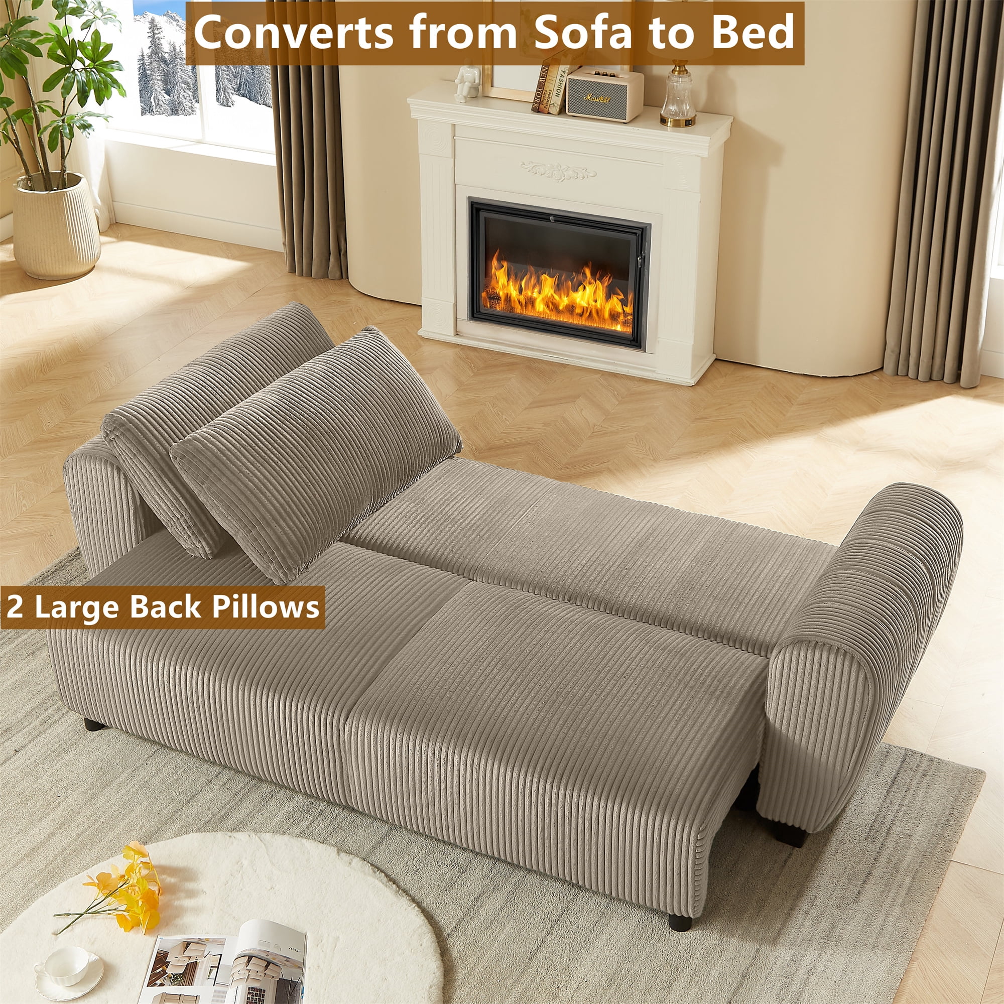 Aukfa 92" Oversized Storage Futon Convertible Sleeper Sofa, Corduroy, 2 Pillows, Light Brown