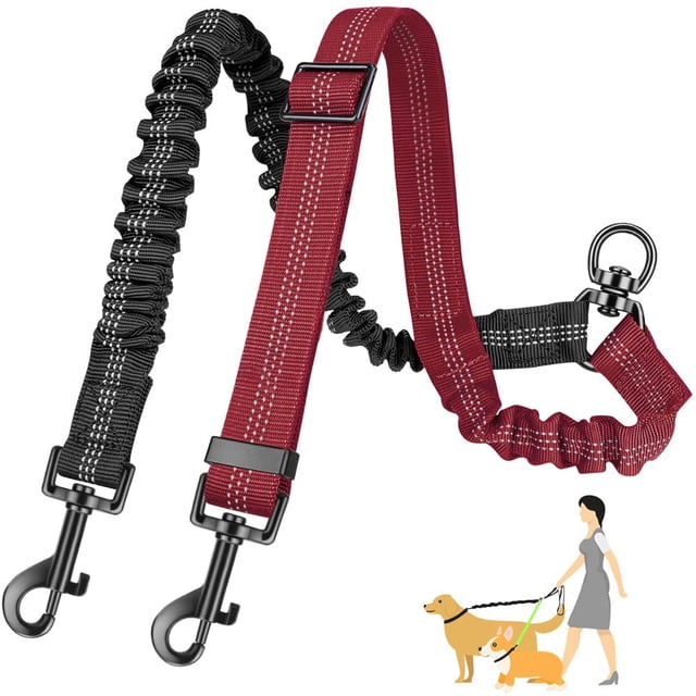 SlowTon Double Dog Leash Coupler, No Tangle 360° Swivel Dual Leashes for Walking 2 Dogs, Adjustable Length Reflective Splitter Leash for Training, Small, Medium & Large Two Dogs((Black&Red)