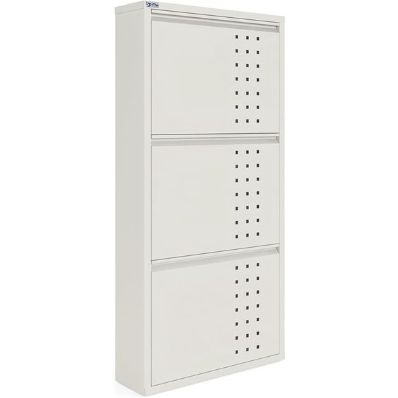CEHA Armoire à Chaussures en Métal avec Housse, Série AYK, Organisateur de Rangement pour Chaussures Durable pour Entrée, Étagère à Chaussures Gain de Place pour Garde-Robe (Blanc, 3 Niveaux avec Ventilation avant)