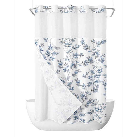 No Hook Shower Curtain with Snap-in Liner, Blue Leaves Waterproof Fabric Bathroom Curtains, Summer Botanical Elegant Pastoral Bath Curtains & Mesh Top Window 54"x78"