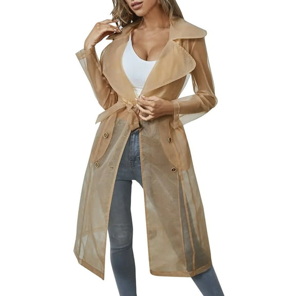 Tiqkatyck Womens Long Sleeve Tops Womens Daily Sun Protection Clothing Every Wearing Sheer Mesh Long Sleeve Buttoned Coat with Belt Trench Coats for Women Khaki