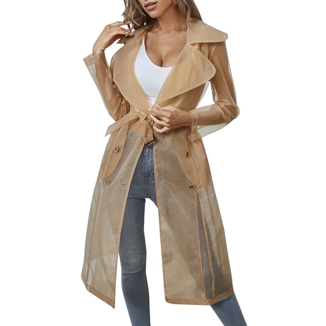 Trench-Coat Ceinturé à Manches Longues en Maille Transparente pour Femmes Grande Taille