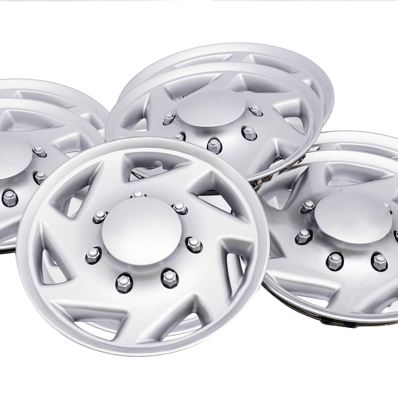4-Pack Hub Caps for 99-18 Ford Econoline E250 E350 E450 8-Lug 16" Steel Wheels, ABS Material, Silver+Black, Direct Replacement