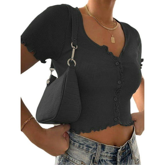 Aunavey Women's V Neck Crop Tops Short Sleeve Button Down Ruffle Trim Knit Cotton Cropped Cardigan for Women
