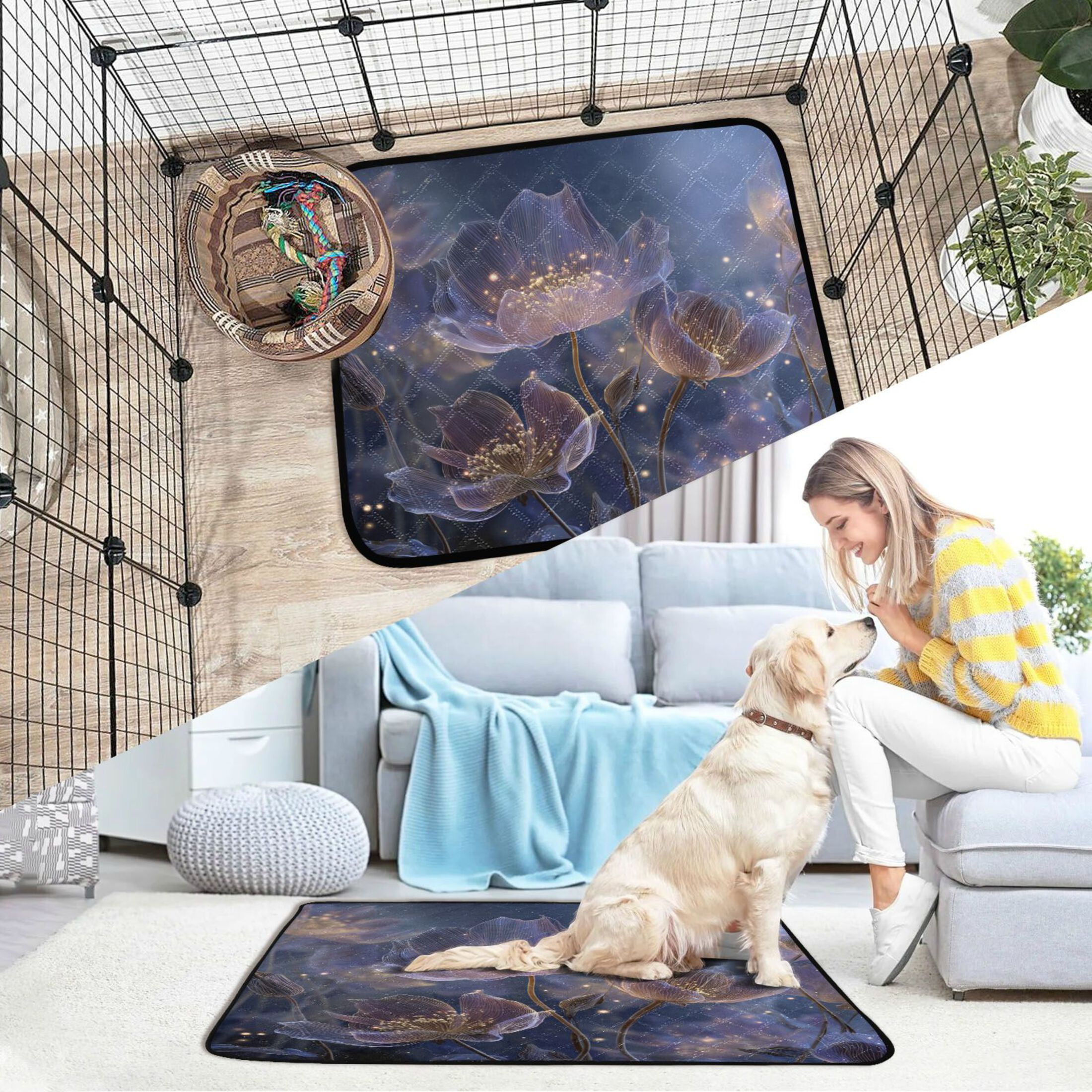 Qxltty Transparent Purple Flowers Cat litter Pads Pet Set of 3 Diaper Mats Center Anti-leakage Layer Absorbent Soft and Comfortable