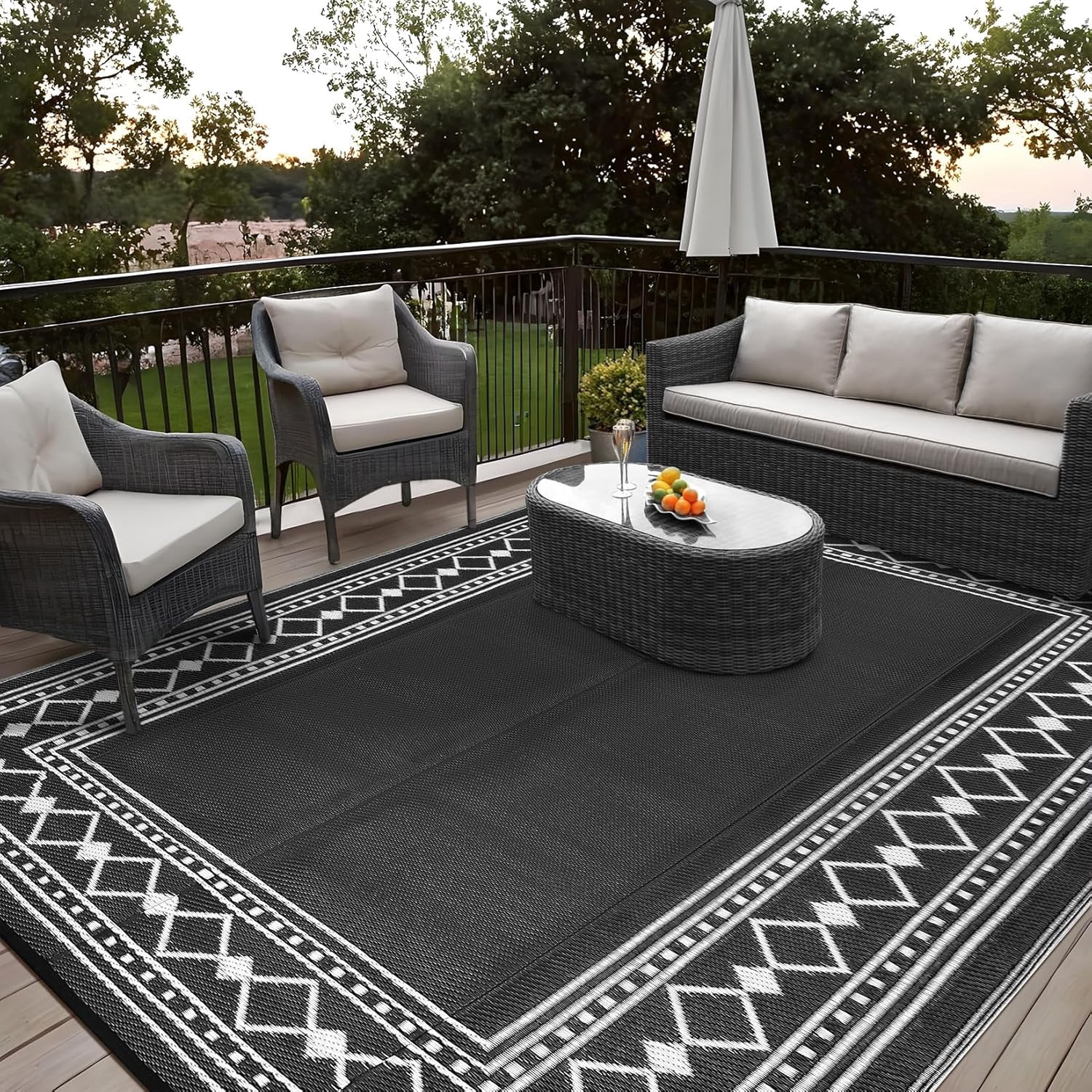 Funslane 8' x 10' Waterproof Outdoor Rug, Reversible Plastic Straw Patio Mat, Easy to Clean & Portable, for Deck, RV, Camping & Balcony, Black/White
