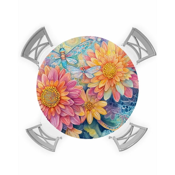 nqOlkjepod Pink Yellow Spring Floral Round Tablecloth, Fitted Table Cover with Elastic for 45"-54" Round Tables, Summer Flowers Dragonfly Watercolor Table Cloth Dinning Party Waterproof Tablecloths