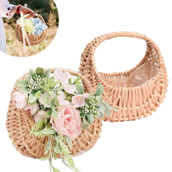2 Pcs Rattan Woven Flower Basket,Half Moon Basket with Handle and Plastic Liner,Hand-woven Wicker Gift Basket,for Candy Storage Diy Floral Arrangements,Wedding Party Supplies By TGY