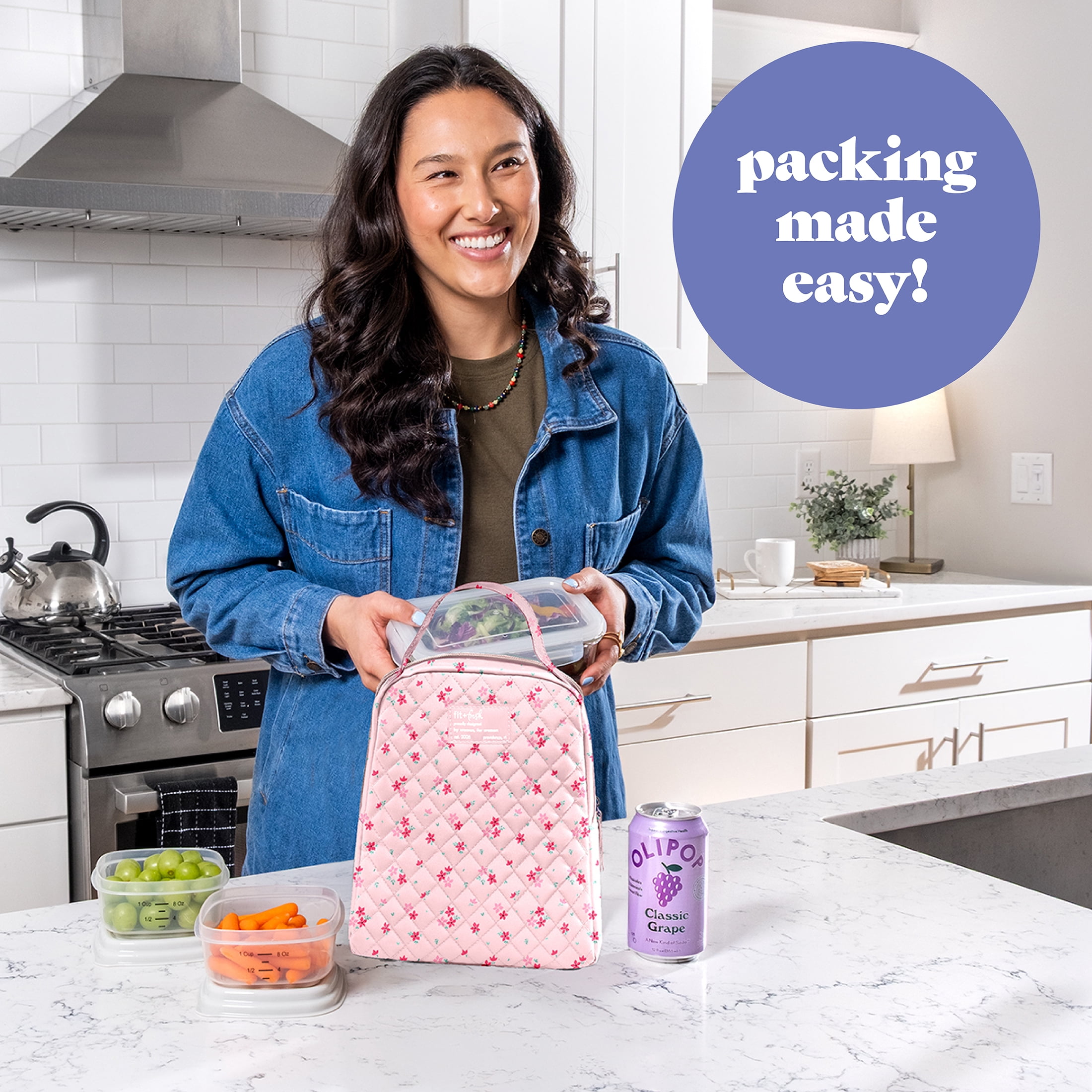 Fit & Fresh Evelyn Quilted Lunch Bag for Women, Large Lunch Tote, Reusable Insulated Lunch Bag for Work, Stylish Lunch Box, Pink Dainty Flowers, Designed to Help with Daily Commutes