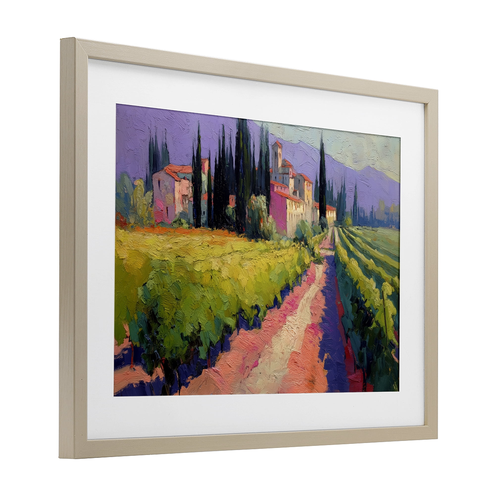 Purple Mountains Village Birch Framed Print Under Glass, design by Annabelle Hall