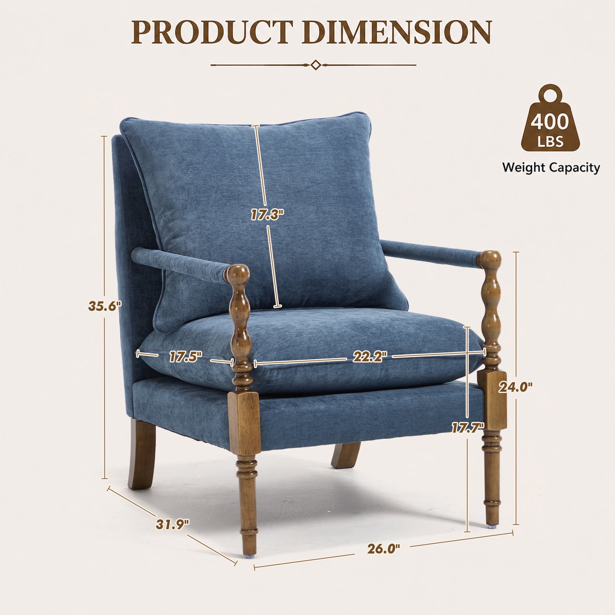 Mid-Century Modern Spindle Armchair,Linen Accent Chair with Cushion & Wood Frame for Living Room Bedroom Office,Navy