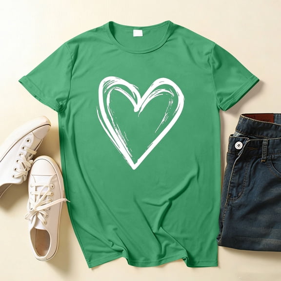 YueHuiYing Women's Round-Neck Heart-Pattern T-Shirt Cute and Casual Summer Short-Sleeved Valentine's Day Printed Loose T-shirt Tops