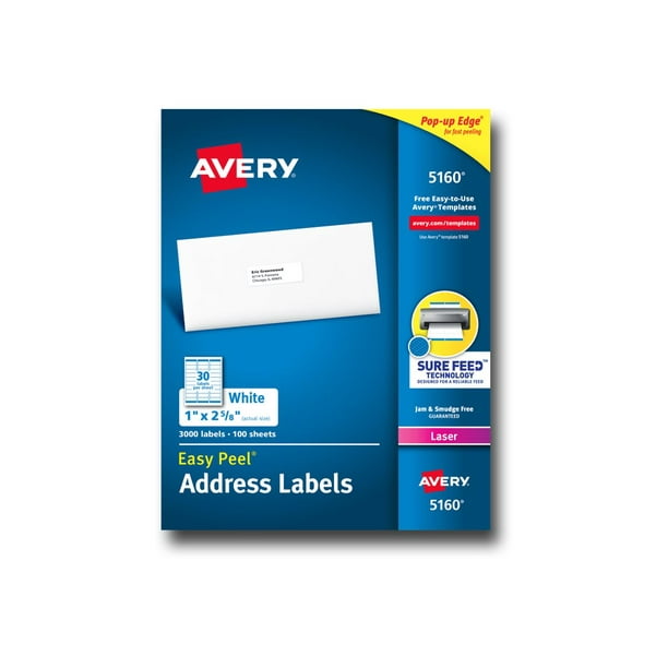 Avery Easy Peel - Adhésif Permanent - Blanc - 1 Po x 2,63 Po 3000 Étiquettes (100 Feuille(S) x 30) Étiquettes d'Adresse