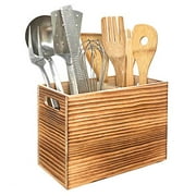 Utensil Holder in Rustic Wood for Farmhouse Kitchen Decor, Countertop Organizer and Cooking Tools Storage (Double)