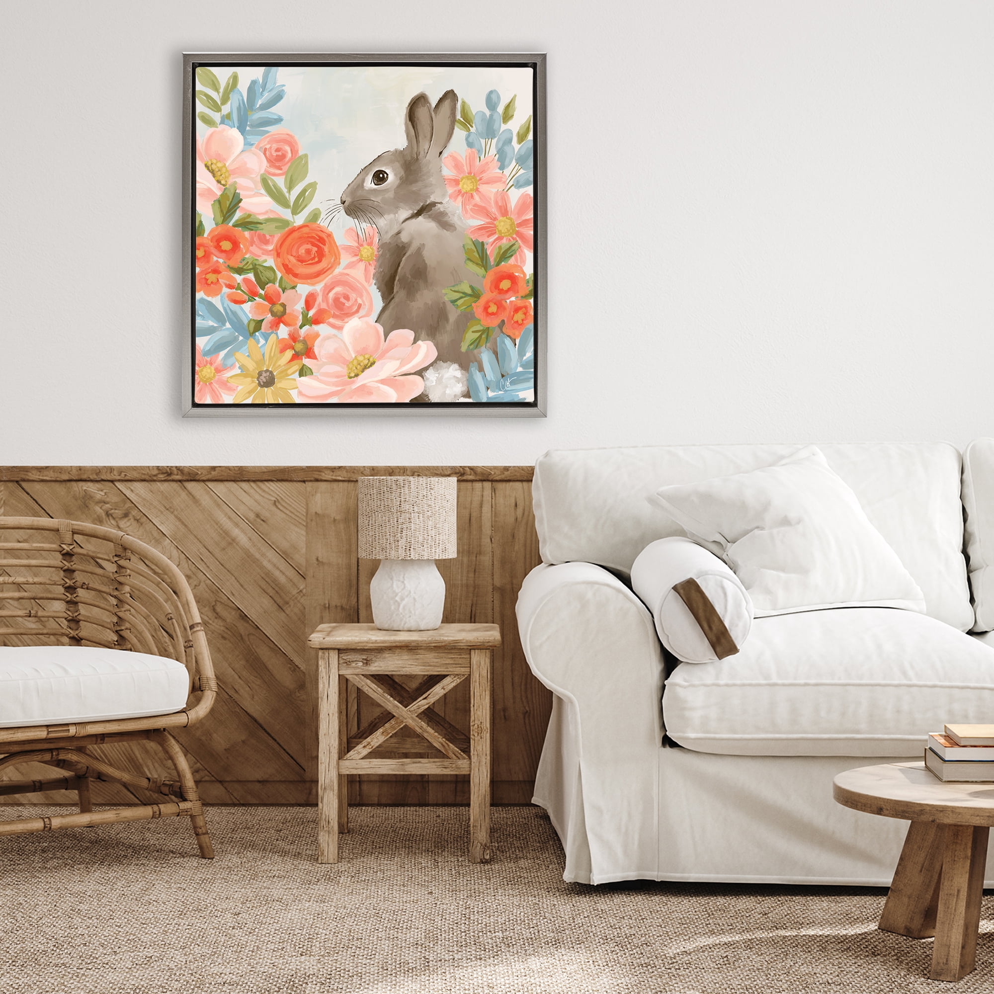 Stupell Industries Bunny In The Blooms Gray Framed Floater Canvas Wall Art, design by Cat Thurman Designs