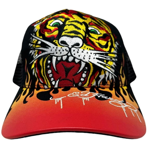 Ed Hardy Trucker Hat Embroidered Tattoo Tiger Flame Black Snapback Cap