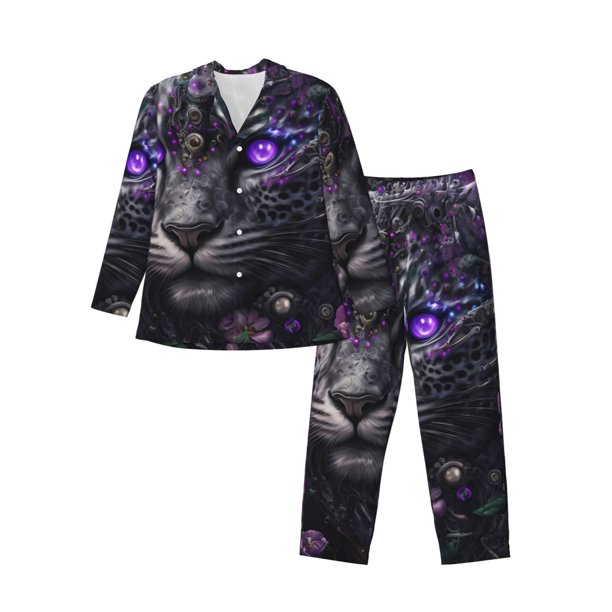 Fotbe Purple-Eyed Floral Leopard Pijama de Hombre con Estampado de Manga Larga, Conjunto de 2 Piezas, Ropa de Dormir Suave y Cómoda con Bolsillos-Medium