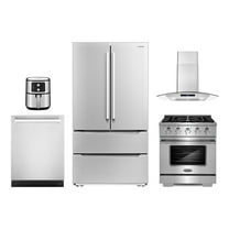 5 Piece Kitchen Package with 30" Freestanding Gas Range 30" Wall Mount Range Hood 24" Built-in Fully Integrated Dishwasher French Door Refrigerator & 5.5L Electric Hot Air Fryer