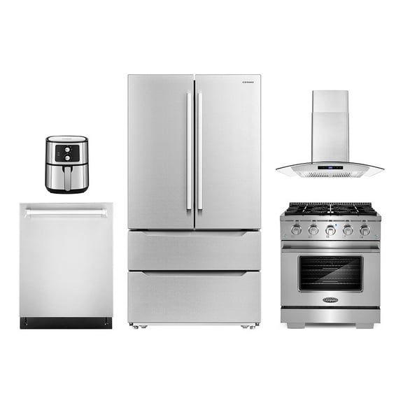 5 Piece Kitchen Package with 30" Freestanding Gas Range 30" Wall Mount Range Hood 24" Built-in Fully Integrated Dishwasher French Door Refrigerator & 5.5L Electric Hot Air Fryer