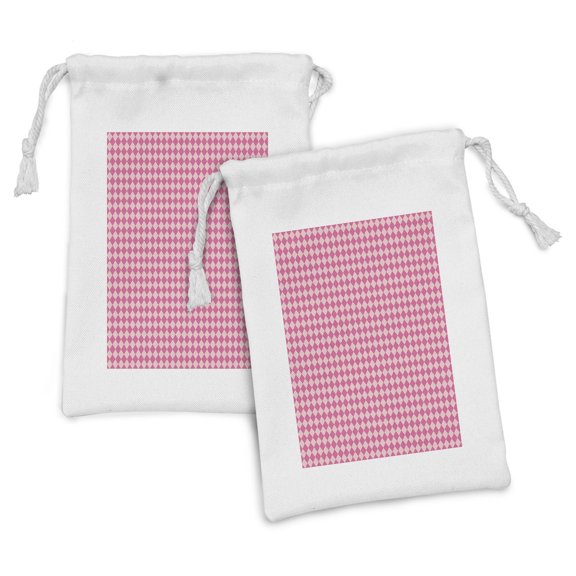 Geometric Rhombus Fabric Pouch Set of 2, Pattern of Pink Monochrome Argyle Feminine Concept Illustration, Small Drawstring Bag for Toiletries Masks and Favors, 9" x 6", Pink and Blush, by Ambesonne