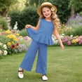 thumbnail image 2 of HCNTES Baby Girl 2 Piece Clothes Set Short Sleeve Top + Drawstring Pants Casual Dailywear Spring Summer Kids School Outfits 3T 4T 5T 6T(F02-Blue,7-8 Years), 2 of 5
