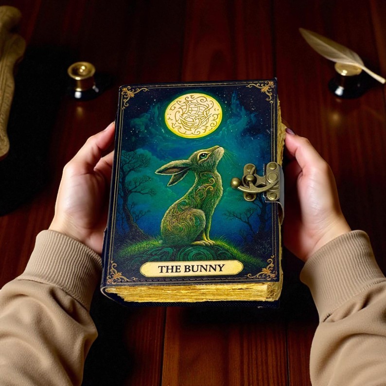 Handmade Bunny Leather Grimoire – 5x7 Inch Journal, 200 Handmade Deckle Pages, Vintage Witchy Notebook, Wiccan Pagan Book of Shadows