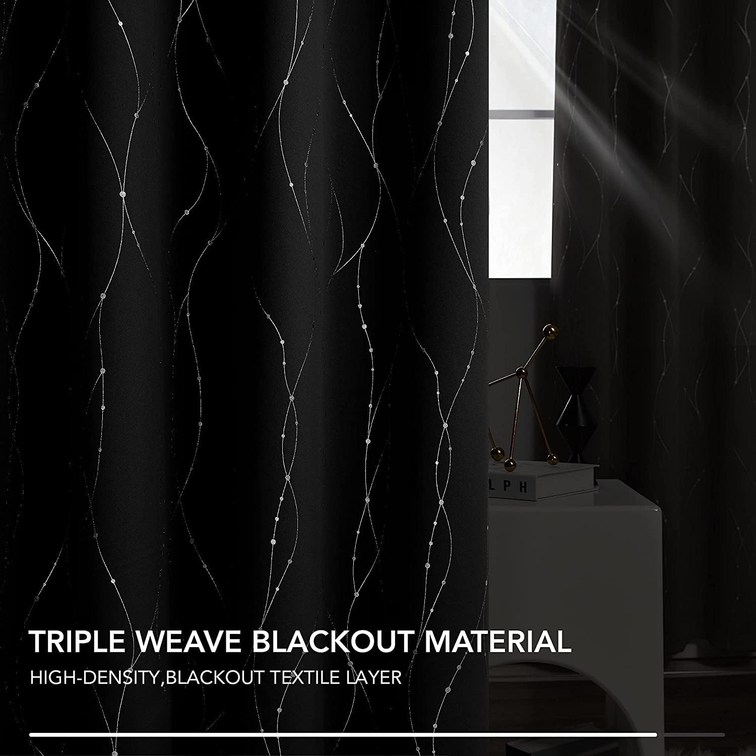 Bailu Black Blackout Curtains for Living Room, Curtains 84 Inch Long - Grommet Pattern Curtains with Wave Dots and Line (52 x 84 Inch, Black, 1 Panels)