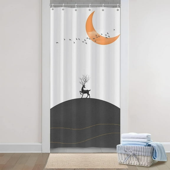 Mid Century Deer Small Shower Curtain Vintage Desert Moon Flying Bird Stall Shower Curtain Water Repellent Polyester Fabric Bathroom Curtain Set with 6 Hooks, 36W x 72L inch