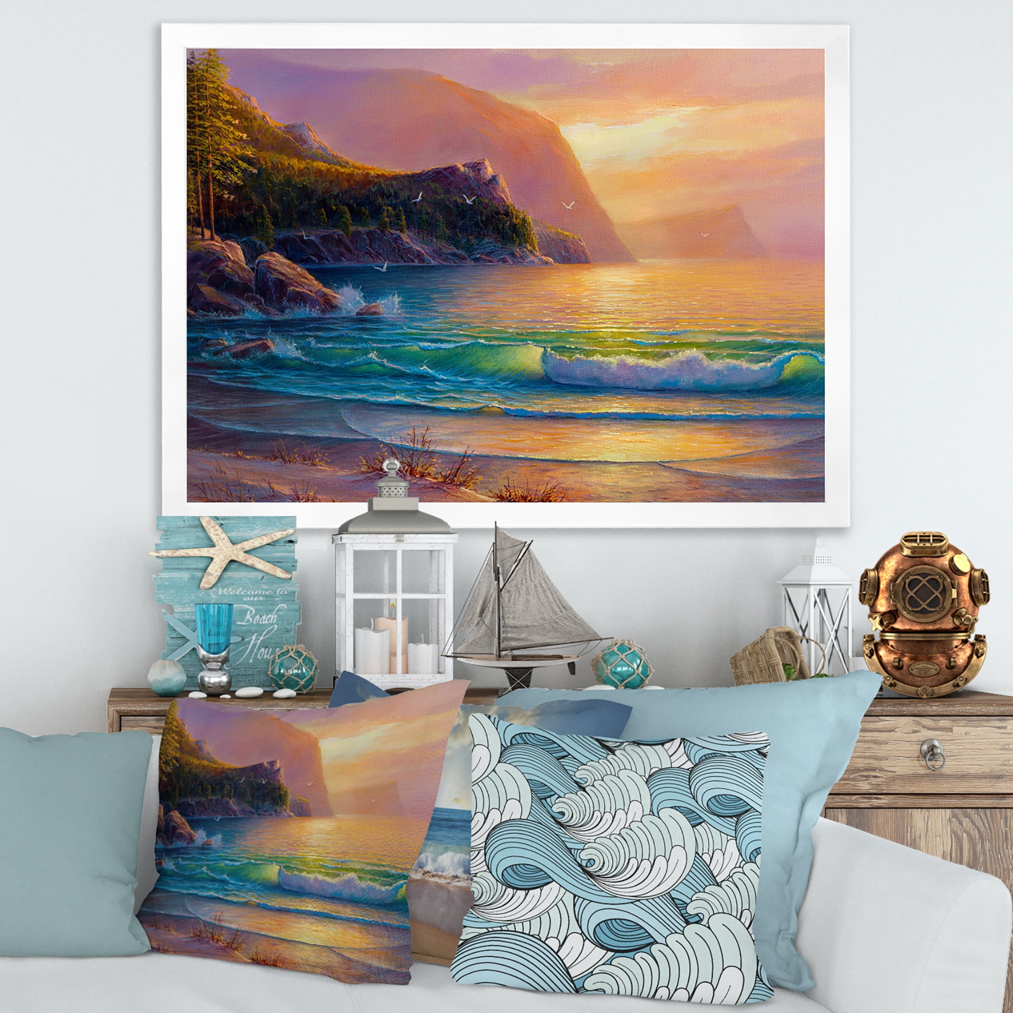 Romantic Beach During Warm Evening 40 in x 30 in Framed Painting Canvas Art Print, by Designart