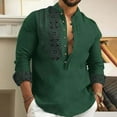 thumbnail image 4 of WREESH Men's Henley Shirt Cotton and Linen Shirts Long Sleeve Printing Button Shirt Tops Green, 4 of 7