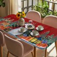 thumbnail image 3 of Red Snowman Christmas Table Cloths for 6 Foot Rectangle Tables, Xmas Tree Gifts Elk Snowflake Winter Patio Waterproof Elastic Fitted Tablecloths, Washable Rectangular Table Cover for Camping, 3 of 8