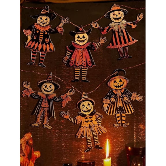 Lanfubeisi 6pcs Vintage Halloween Wood Banner Vintage Halloween Bunting Decorations Wood Hanging Banner for Party Horror Pumpkin Witch Wall Decorations for Home