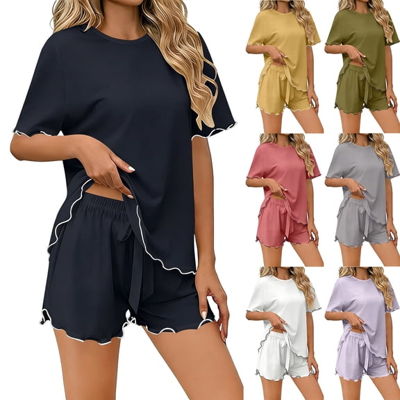 Naittoop Womens Pajamas 2 Piece Pjs Short Sleeve Sleepwear Set Summer Soft Pajamas Set Ruffle Flowy Casual Lounge Sets