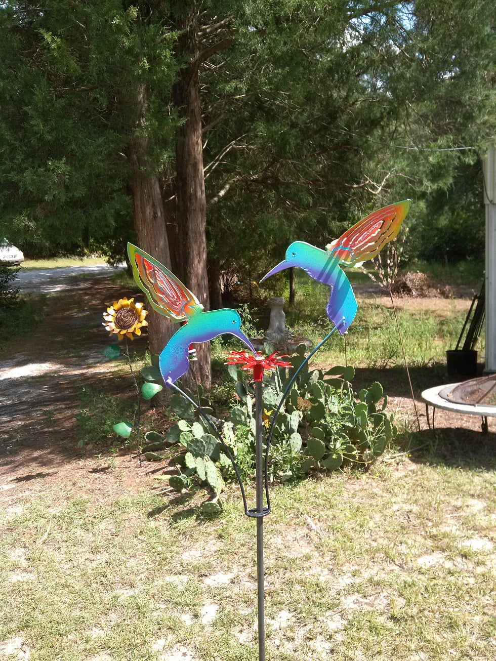 Handcrafted Metal Kinetic Yard Art Garden Sculpture  With 2 Painted Hummingbirds