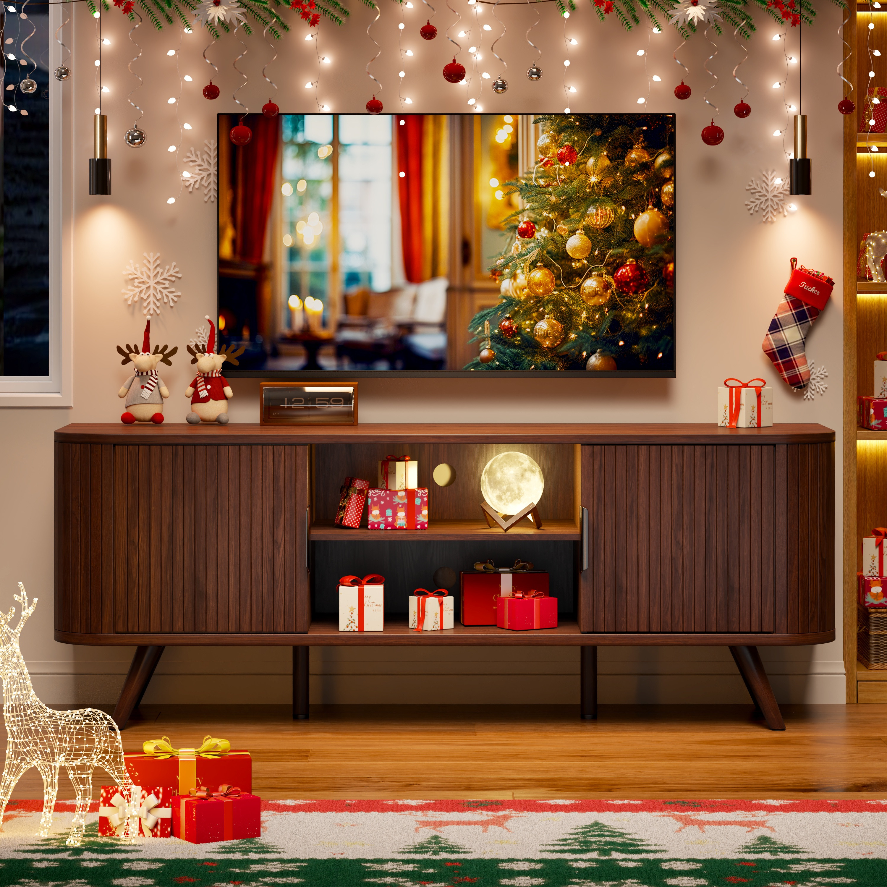 Tydimor 65" TV Stand with Storage Shelves & Drawers, Walnut photo 8
