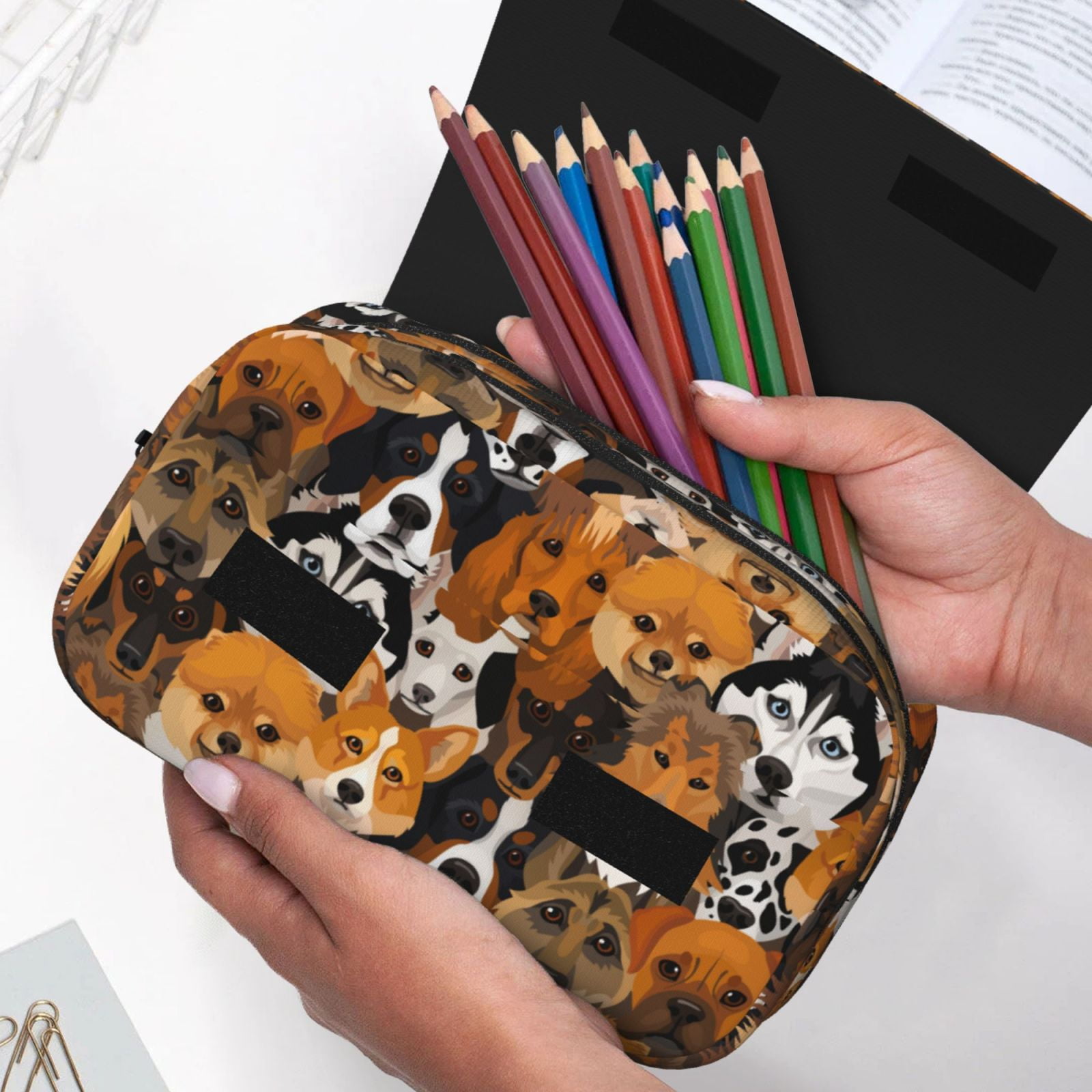 Rateoe Dogs Different Breeds Pattern Double Clamshell Pen Case, Storage Organizer with Two Zipper Compartments– Holds Up to 50 Pencils & Pens