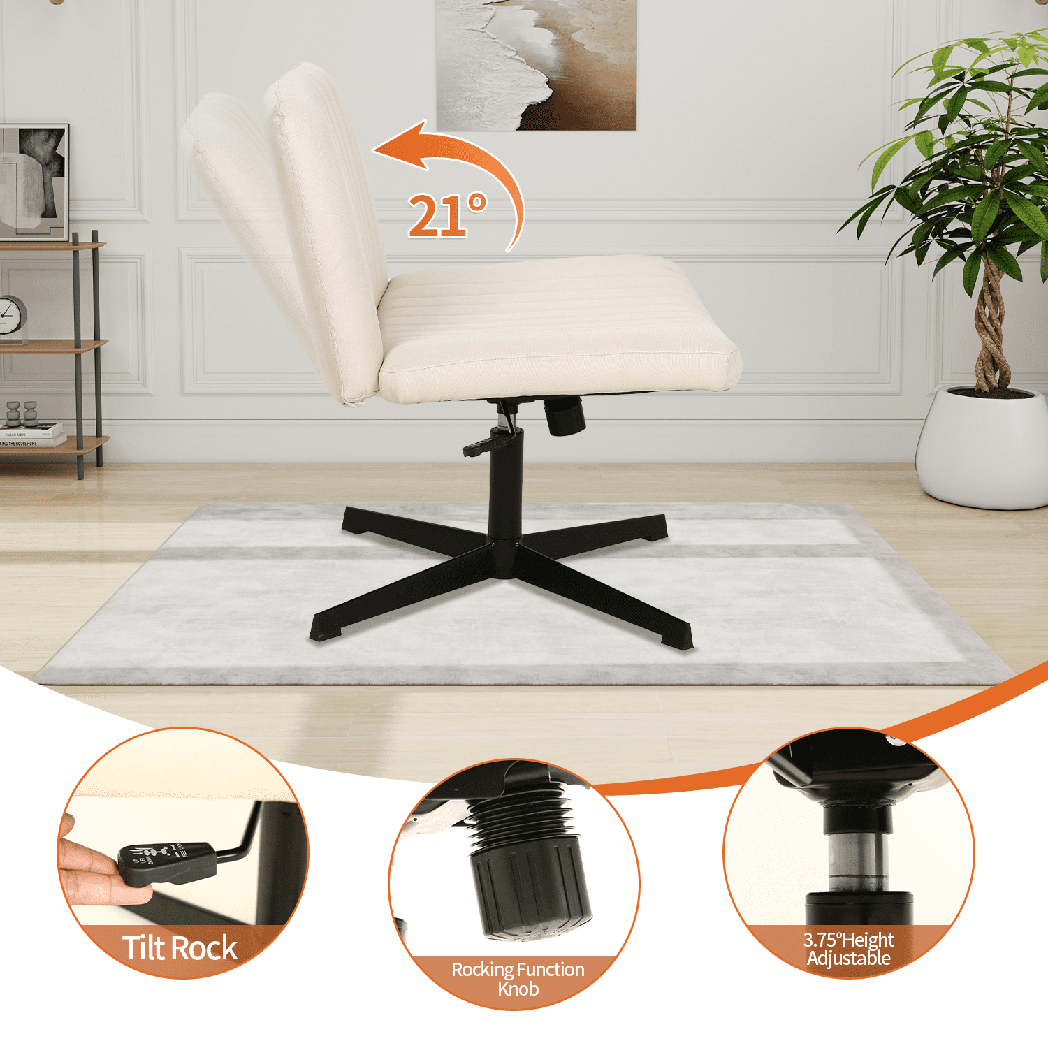 BIQWBIC Vanity Chair Adjustable Home Office Desk Chair Armless Swivel Cross Legged Chair with No Wheels, Beige