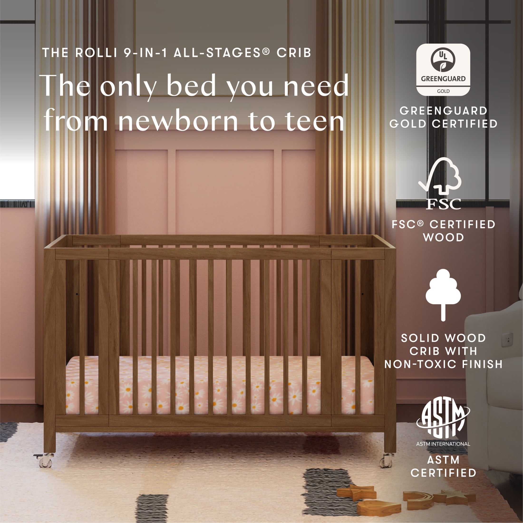 Babyletto Rolli 9-in-1 Convertible All-Stages® Crib with Bassinet & Toddler Bed Conversion Kits