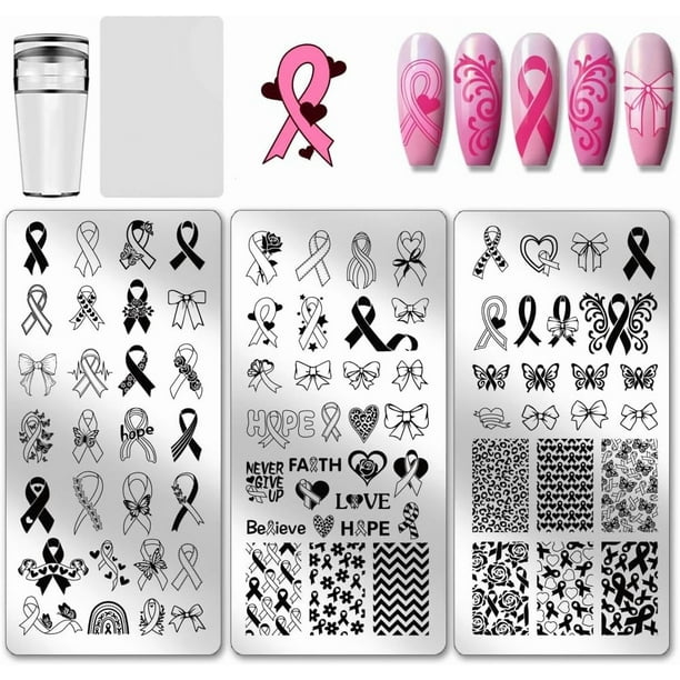 Juego de 3 placas de estampado de uñas con lazo rosa, plantilla artística con diseño de lazos de cinta, placa de acero inoxidable con estampador y raspador.