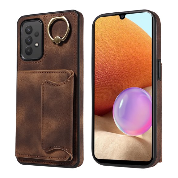 Case for Samsung Galaxy A32 4G (NOT for 5G), PU Leather 3 Card Slots with Finger Ring Holder Shockproof Phone Case