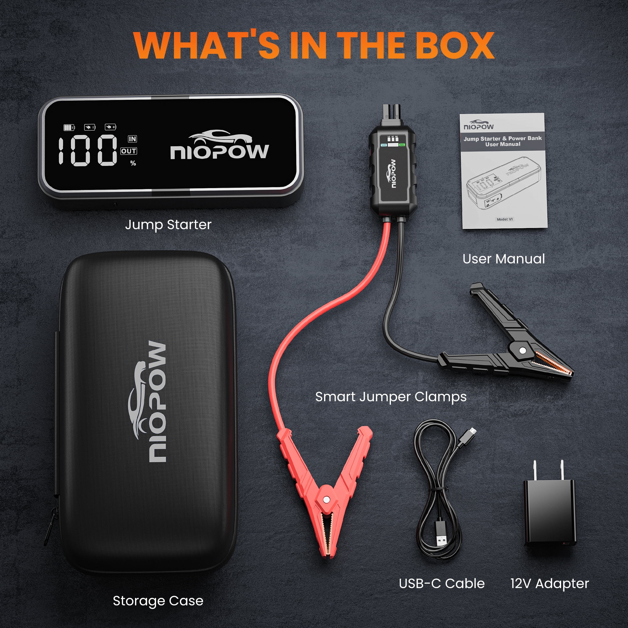NIOPOW 5000A Car Battery Jump Starter, 12V 28800 mAh Portable Jump Pack(for 10L Gas and 10L Diesel Engines) with 3.3" Display, Emergency LED Light and Jumper Cable