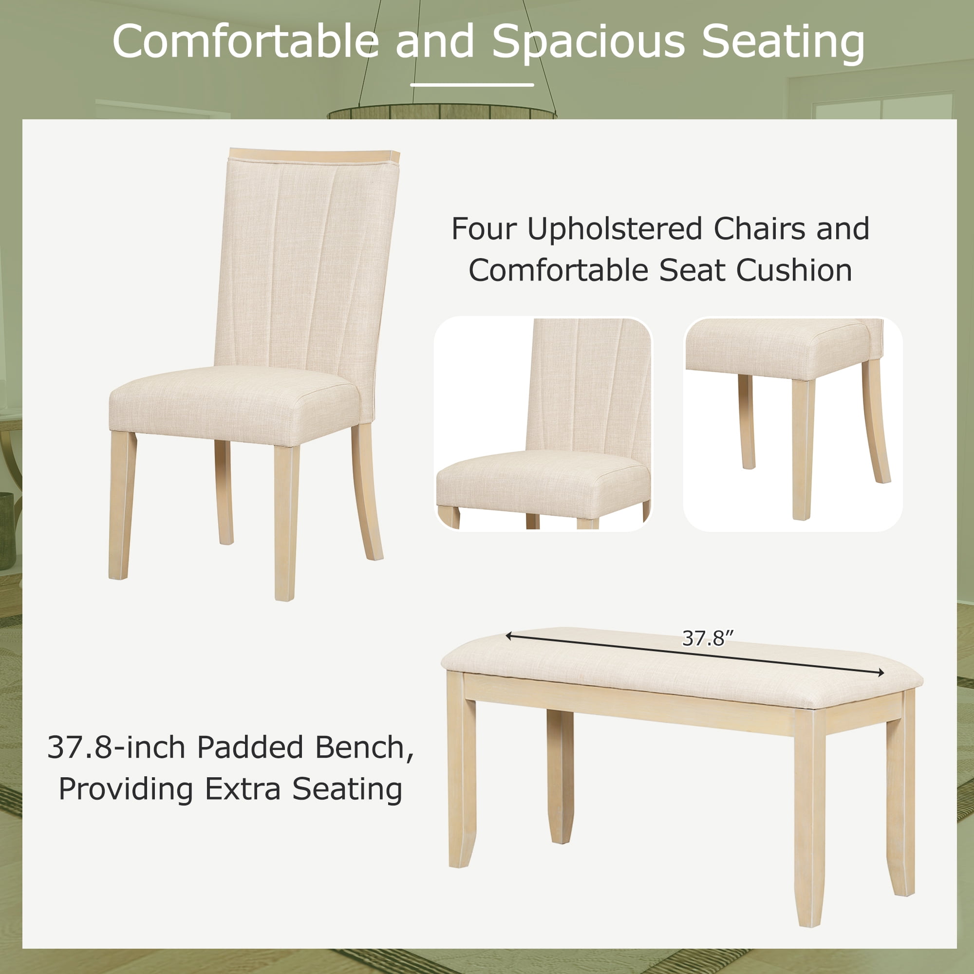 Harper & Bright Designs Rectangular Extendable Dining Table Set with Bench for 6, Wood Kitchen Dining Table with Removable Leaf, 4 Upholstered Dining Chairs for Dining Room, Natural+Beige