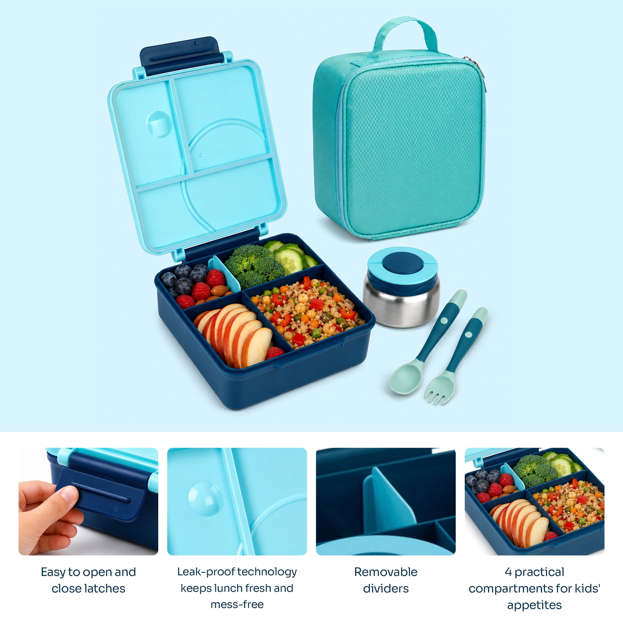 PoppiKids, Bento Lunch Box Set with Thermos Food Jar, 4 Section Lunch Container, Insulated Multi Section Lunch Bag, Cutlery, Leak Proof, BPA Free, Blue