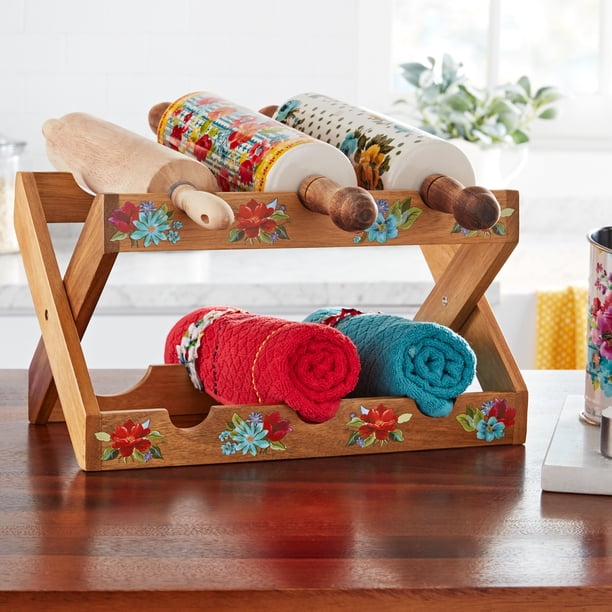 The Pioneer Woman Spring Bouquet 13.9-inch Acacia Wood Wine Rack