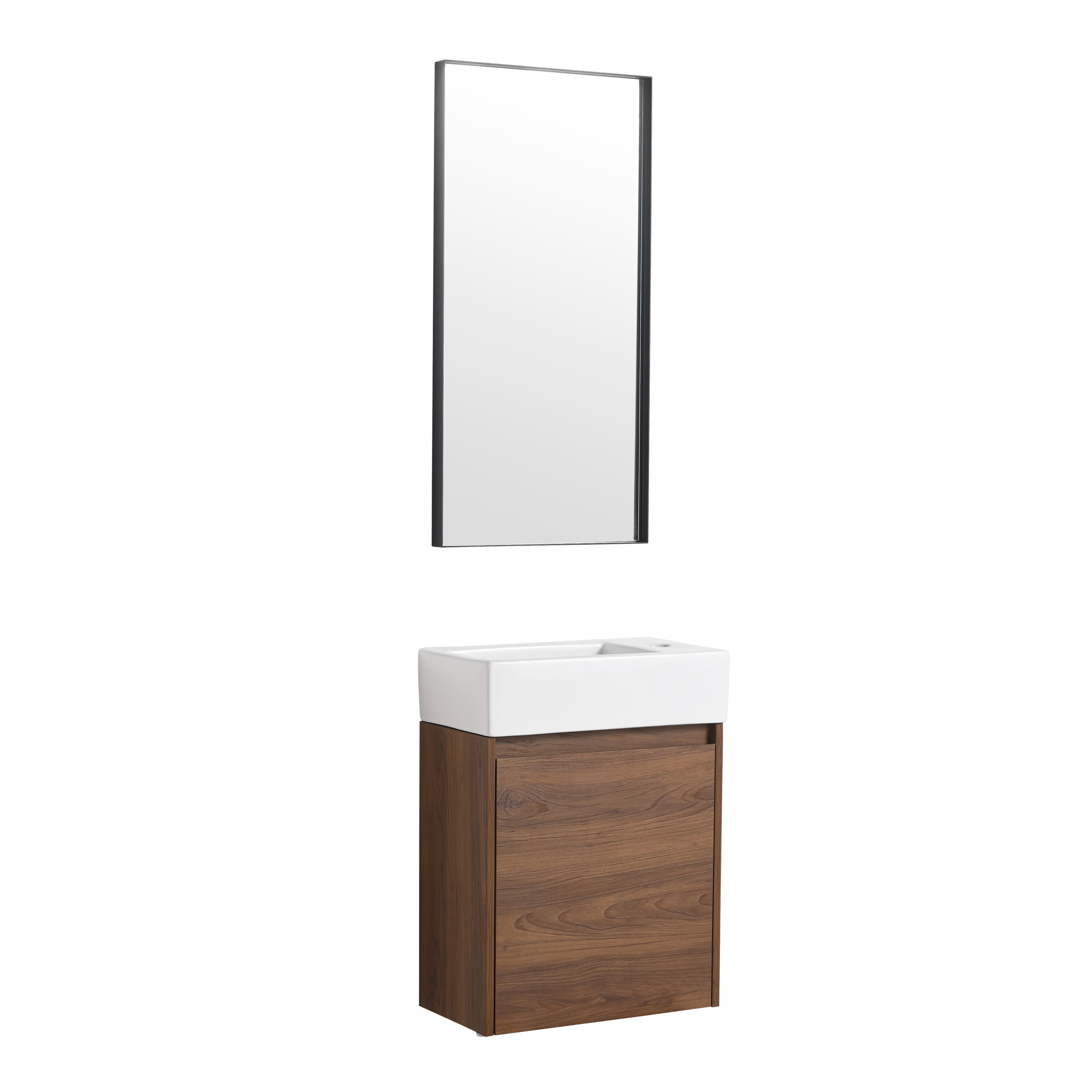 Noble House 18" Slim Floating Bathroom Vanity, Ceramic Sink, Soft-Close Door, Small Wall-Mount, Brown Ebony