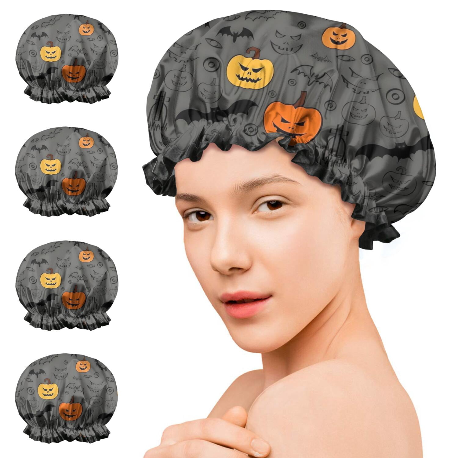 Shower Caps,Gray Halloween Pumpkins Bats and Faces Waterproof Shower Cap for Women 4 Pieces,Double Reusable Hair Cover for Shower PEVA Elastic Stretch Hem